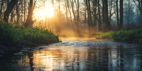 Fototapeta premium Gentle Sunlight on a Quiet River During Spring Sunrise