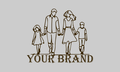 This continuous line illustration shows a family consisting of a father, mother and two small children walking happily together. The elegant minimalist art style with smooth lines creates a soft