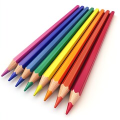 Fototapeta premium A vibrant array of colored pencils arranged in a rainbow pattern on a white background.