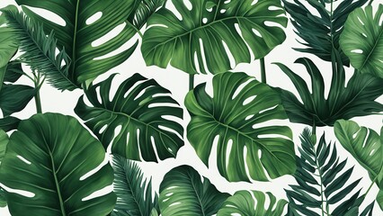 Obraz premium A vibrant arrangement of tropical leaves in various shades of green.