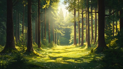 Fototapeta premium Sunbeams filtering through a dense forest, illuminating a path in the grass