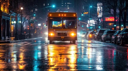 A food delivery truck driving through a rainy city street at night, with its headlights reflecting off the wet road and street lights illuminating the scene.