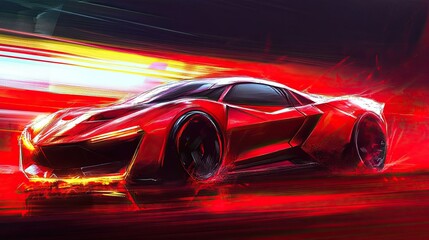 A red sports car speeding through a blurry, red background with streaks of light.
