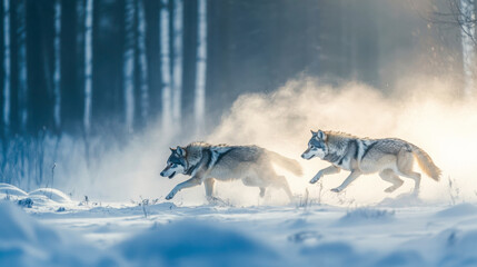 Wolves running through a snowy forest in the early morning light, with snow kicking up as they move