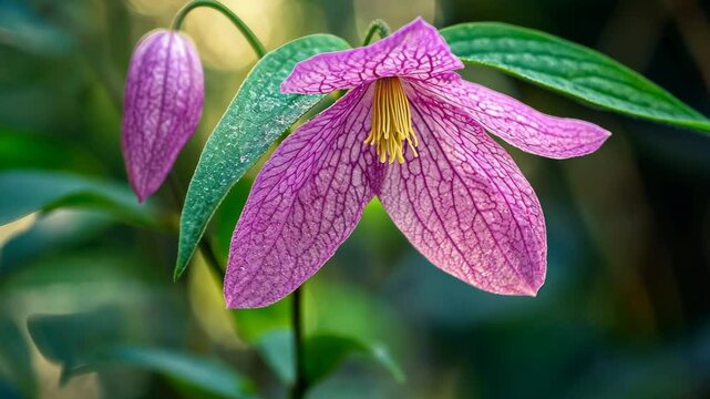 A purple clematis flower blooms in the garden, its delicate petals catching the sunlight