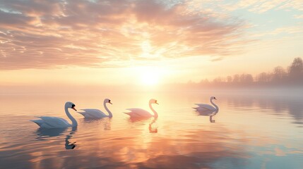 A group of swans gliding across a serene lake at sunrise, the water reflecting their graceful forms.