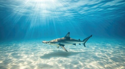 Naklejka premium A hammerhead shark cruising through crystal-clear tropical waters, with sunlight filtering through. Captures the elegance and mystery of the ocean's predator.