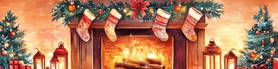 Cozy Christmas fireplace adorned with stockings and festive decorations.