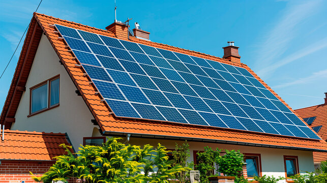 Paneles solares en el tejado de una casa residencial moderna