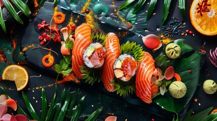 Naklejka premium Colorful Culinary Fusion Plate with Fresh Ingredients