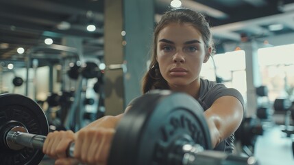 Fototapeta premium A close-up of a determined woman's hands gripping dumbbells during a challenging gym class, muscles defined and engaged