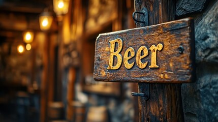 This rustic wooden beer sign hanging outside a cozy, dimly lit pub invites patrons to relax and enjoy a refreshing drink in a warm, friendly atmosphere