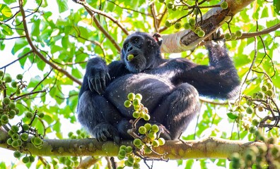 Chimpanzee on a fig tree at the Budongo forest in Murchison falls national park in Uganda