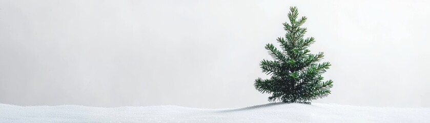 A lone green pine tree stands in a snowy landscape under a clear sky, representing winter and solitude. Ideal for holiday and nature themes.