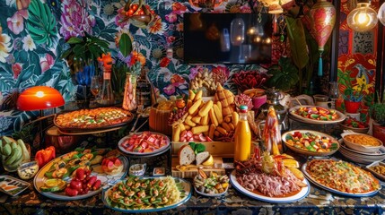 Fototapeta premium Elaborate Food Display for Mukbang Streaming Setup