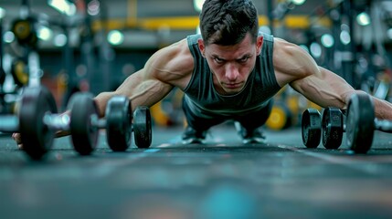 A close-up of a determined woman's hands gripping dumbbells during a challenging gym class, muscles defined and engaged