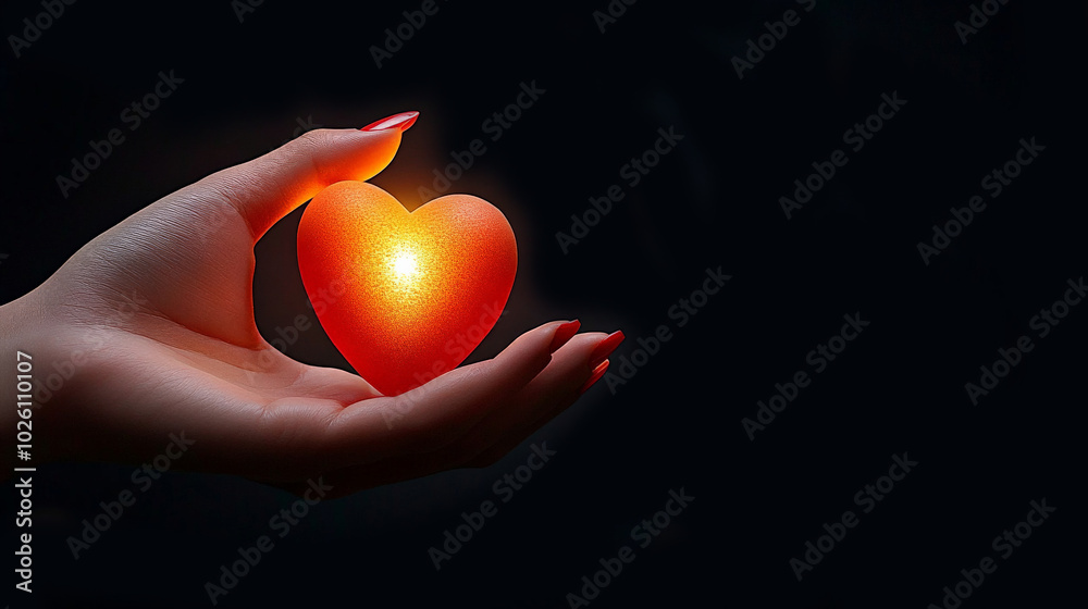 Wall mural heartfelt glow: a woman's hand gently cradles a luminous red heart, radiating warmth and hope agains