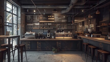 A contemporary cafe with loft-style interior, incorporating dark hues and an open space concept, displaying a diverse range of coffee options for a pleasant coffee shop experience