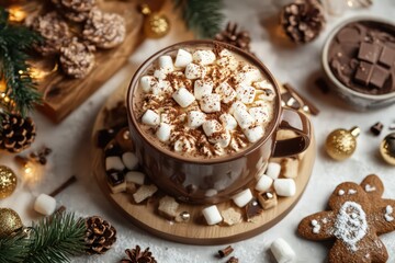 Christmas themed flatlay border, hot cocoa and cookies, mug of hot chocolate with marshmallows, gingerbread cookie, space in interior, 
