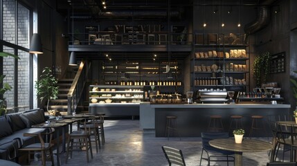 A contemporary cafe with loft-style interior, incorporating dark hues and an open space concept, displaying a diverse range of coffee options for a pleasant coffee shop experience
