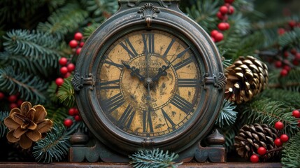 An antique clock surrounded by evergreen branches, pine cones, and red berries, symbolizing a festive winter holiday setting and capturing a sense of nostalgia