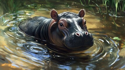 Fototapeta premium A pygmy hippopotamus enjoying a cool dip in a shallow stream, ripples forming around it.