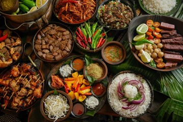 Fototapeta premium A table full of food with a variety of dishes including rice, meat, generative ai image