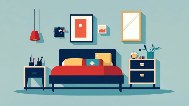 A cozy bedroom with a red bedspread, framed art on the walls, and a bedside table with a lamp