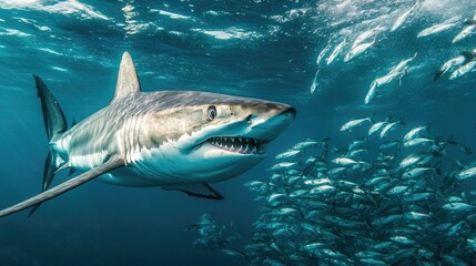 Fototapeta premium A shark captured mid-hunt, chasing a group of smaller fish in the open sea, demonstrating its agility and strength.