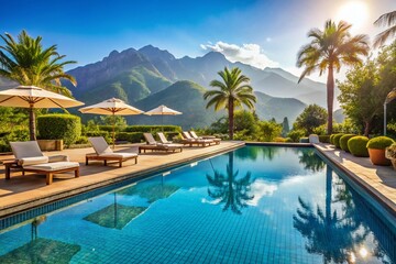 Fototapeta premium Luxurious Hotel Swimming Pool with Panoramic Views for Relaxation and Leisure