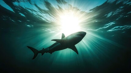 Obraz premium A shark's silhouette against a bright sunbeam, creating a dramatic contrast as it moves just beneath the ocean surface.