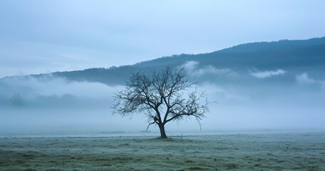 Foggy sky, foggy mountains in the backdrop, and a blue tree in a field, Generative AI.