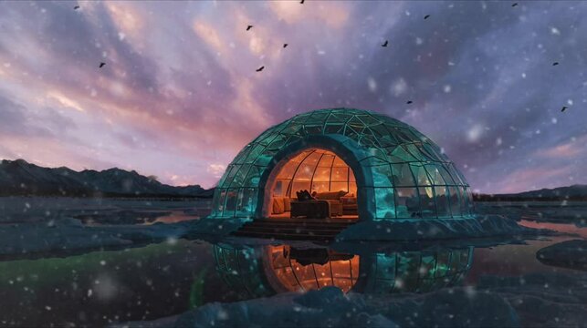 A glass igloo under a twilight sky with snow falling.
