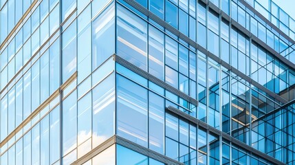 Fototapeta premium Modern glass office building facade reflecting blue sky. Ideal for business, architecture, and urban lifestyle themes.