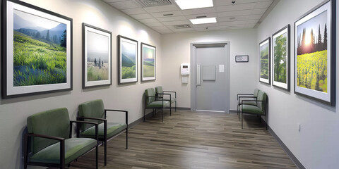 A series of framed photographs on the walls of a mental health outpatient center, showcasing images of resilience and hope.