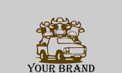 This vector illustration shows three cows sitting in the bed of a pickup truck with happy expressions. They seem to be enjoying the trip. This illustration is suitable for representing the concepts