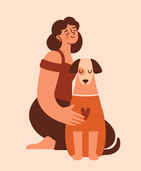 Woman owner of dog sitting and hugging this cute dog. Care about pet. Adopt don't shop. Naive illustration with female person and domestic animal. Cartoon clip art for card, banner, sticker.