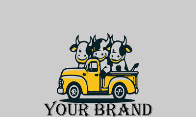 This vector illustration shows three cows sitting in the bed of a pickup truck with happy expressions. They seem to be enjoying the trip. This illustration is suitable for representing the concepts