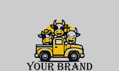 This vector illustration shows three cows sitting in the bed of a pickup truck with happy expressions. They seem to be enjoying the trip. This illustration is suitable for representing the concepts
