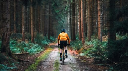 Obraz premium Cyclist in a nature park with mountains in the background