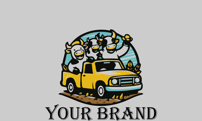 This vector illustration shows three cows sitting in the bed of a pickup truck with happy expressions. They seem to be enjoying the trip. This illustration is suitable for representing the concepts