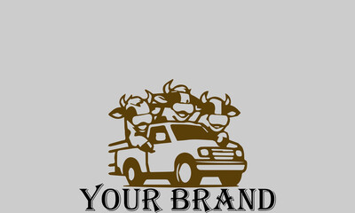 This vector illustration shows three cows sitting in the bed of a pickup truck with happy expressions. They seem to be enjoying the trip. This illustration is suitable for representing the concepts