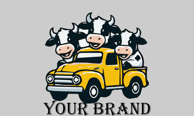 This vector illustration shows three cows sitting in the bed of a pickup truck with happy expressions. They seem to be enjoying the trip. This illustration is suitable for representing the concepts