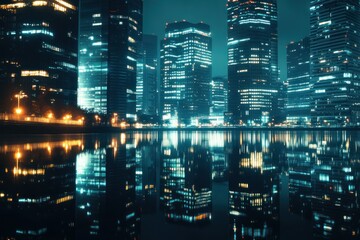 Nighttime Cityscape with Reflections in Water