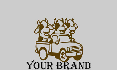 This vector illustration shows three cows sitting in the bed of a pickup truck with happy expressions. They seem to be enjoying the trip. This illustration is suitable for representing the concepts
