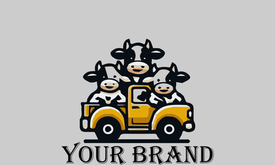 This vector illustration shows three cows sitting in the bed of a pickup truck with happy expressions. They seem to be enjoying the trip. This illustration is suitable for representing the concepts