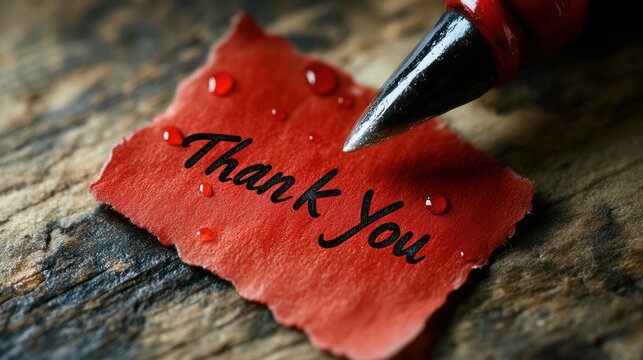 A close-up of a red ink pen on a wooden surface, with a small torn piece of red paper that has Thank You written on it, adorned with water droplets