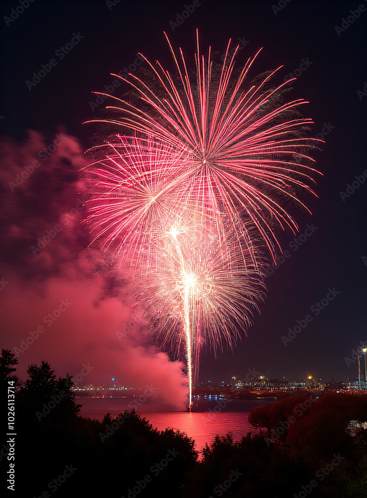 Poster fireworks illuminate the night sky with a vibrant display of many colors, filling the air with a spa