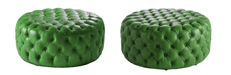 Round Dark Green Ottoman Pouf Set with Tufted Leather Upholstery. Perfect for Living Rooms or Lounges. Front View Cut Out on Transparent Background PNG