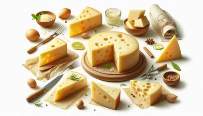 A variety of cheeses displayed with utensils and garnishes, showcasing culinary delights.